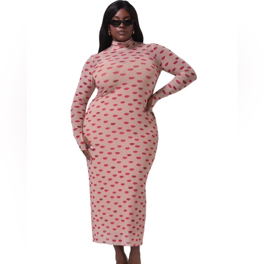 AFRM Red and Tan Lip Print Midi Dress